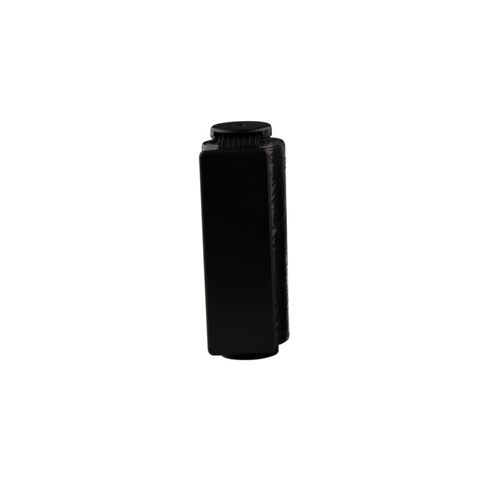 A black pet bag dispenser with a textured surface and a top cap. It features a logo on the front.