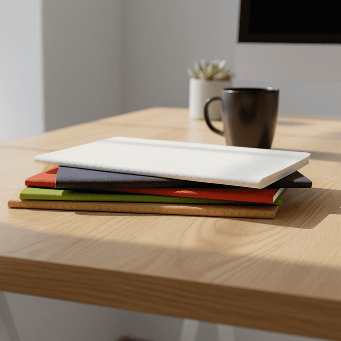 A stack of five colourful notebooks in white, green, red, black, and brown sits on a wooden desk next to a coffee mug.