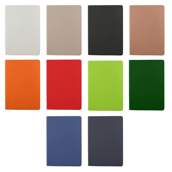A collection of washable paper notebooks in various colours: white, beige, black, orange, red, green, blue, dark blue, and dark grey.