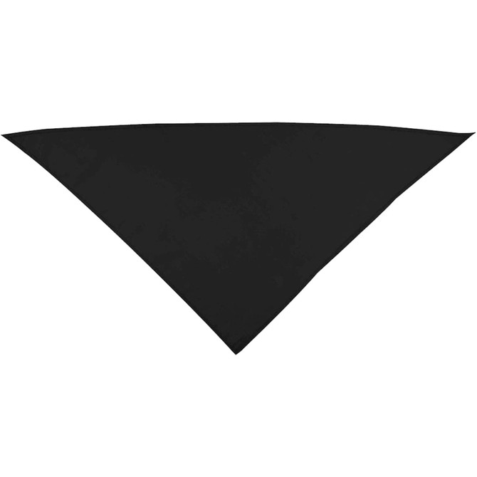 A black triangular bandana with a smooth texture, featuring a logo.