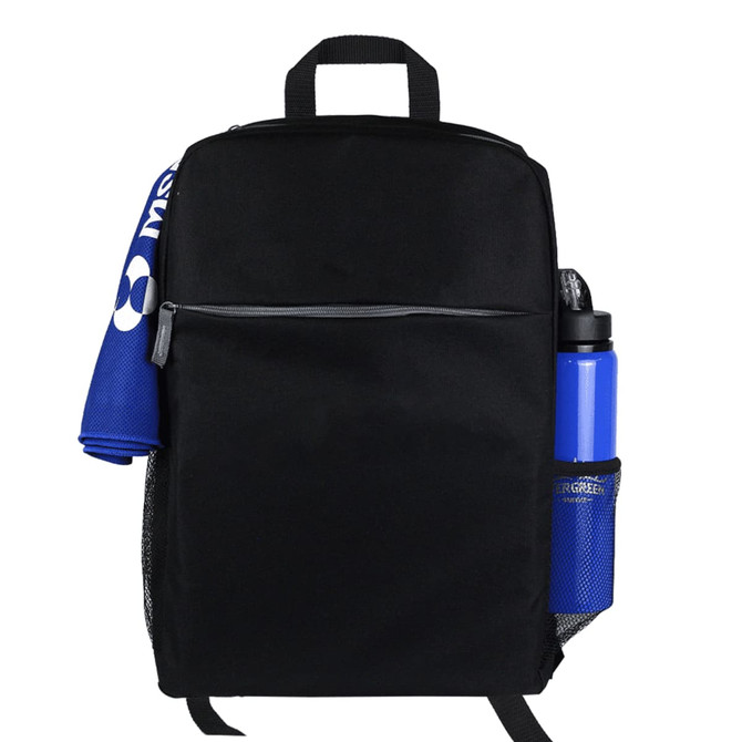 A black backpack with a mesh side pocket containing a blue drink bottle and a blue towel hanging on the front.