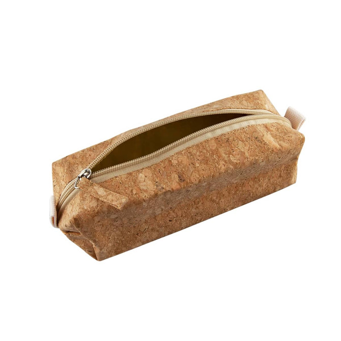A cork pencil case with a tan exterior and a zip closure, featuring a light-coloured interior.
