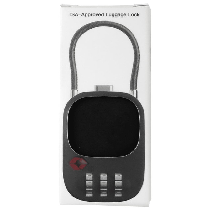 A TSA-approved luggage lock in black, featuring a logo and a combination dial, packaged in a simple box.