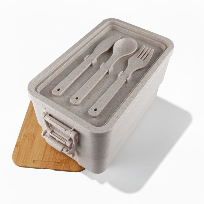 A rectangular bamboo stackable lunch box in light grey, featuring a bamboo lid and cutlery set inside.