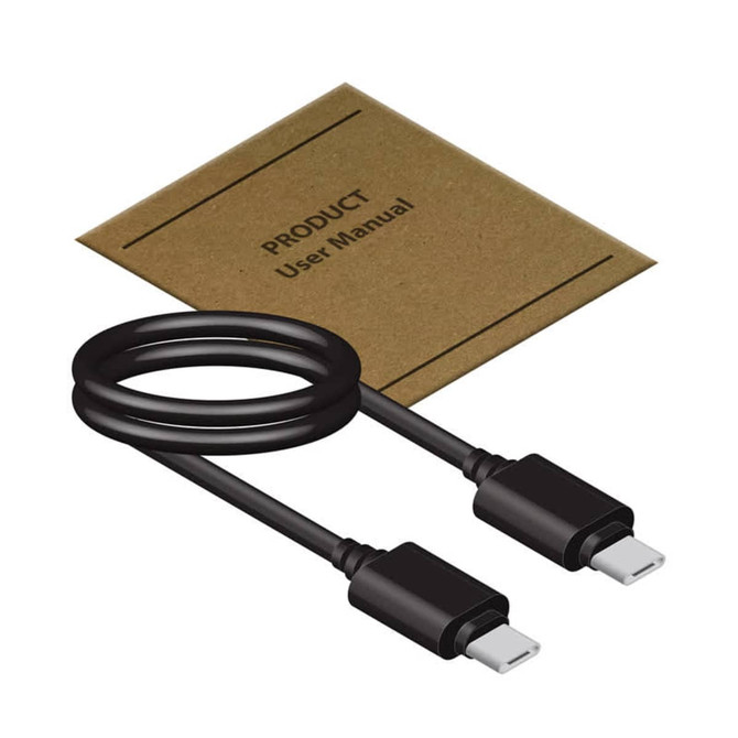 A black charging cable with USB-C connectors, accompanied by a brown user manual.