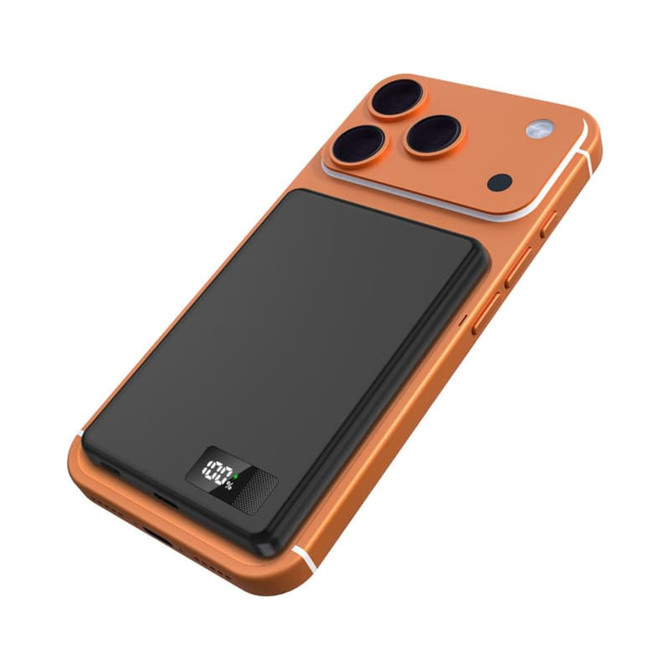 An orange smartphone with a black ultra-thin power bank attached, featuring three camera lenses on the back.