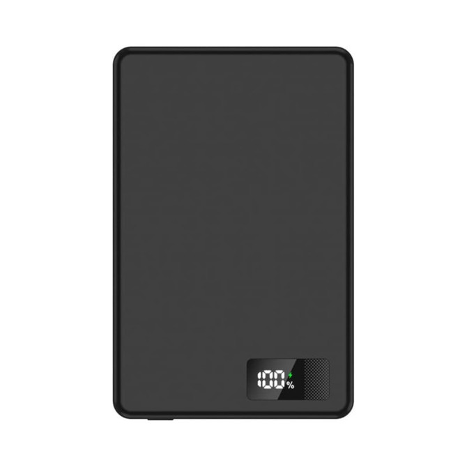 A black 15W MagSafe power bank with a digital display showing battery percentage. It has a sleek, ultra-thin design.