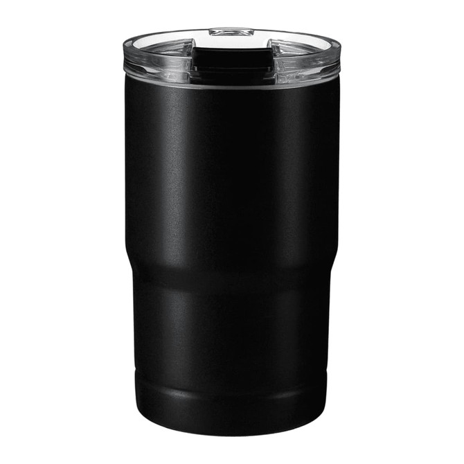 A drink bottle in matte black with a clear lid, featuring a sturdy, ergonomic design.