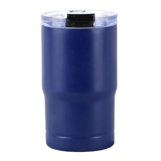 A drink bottle in navy blue with a clear lid and a built-in slide open/close mechanism, featuring a logo.