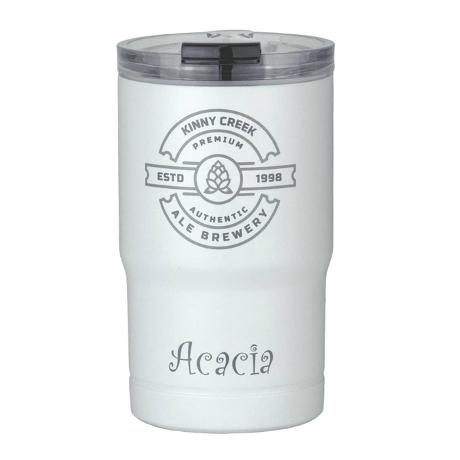 A white drink tumbler featuring a grey logo and lid, with "Acacia" printed in a stylish font.