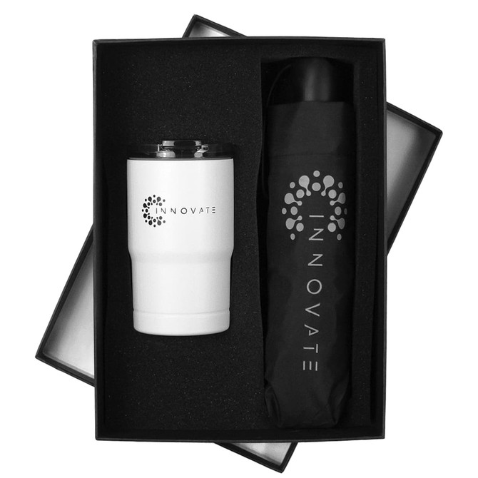 A drink bottle and a tumbler in a gift box, featuring a black and white colour scheme and branding.