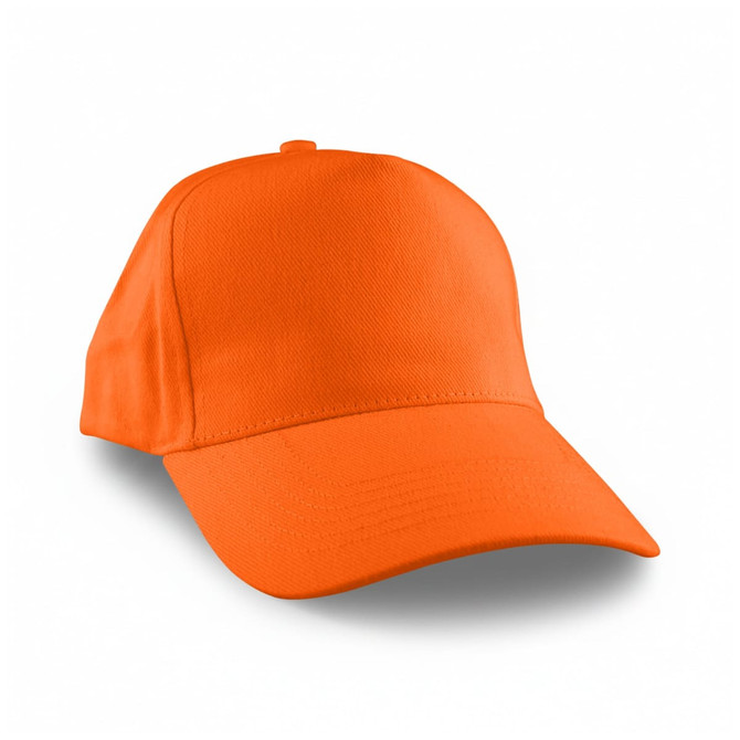 An orange cap with a curved brim and a structured design, featuring a logo on the front.