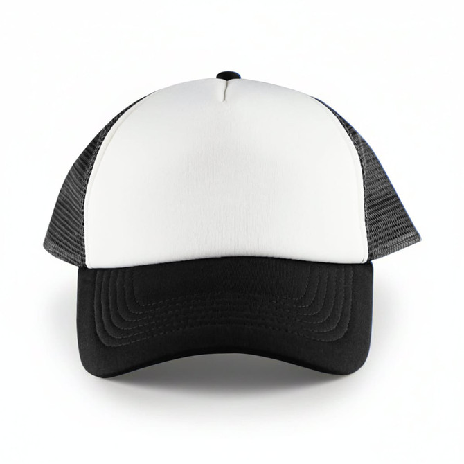 A white front trucker cap with black peak and mesh grey sides, featuring a logo on the front.