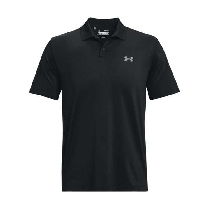 A black polo shirt featuring a logo on the chest. Designed for men's performance wear.