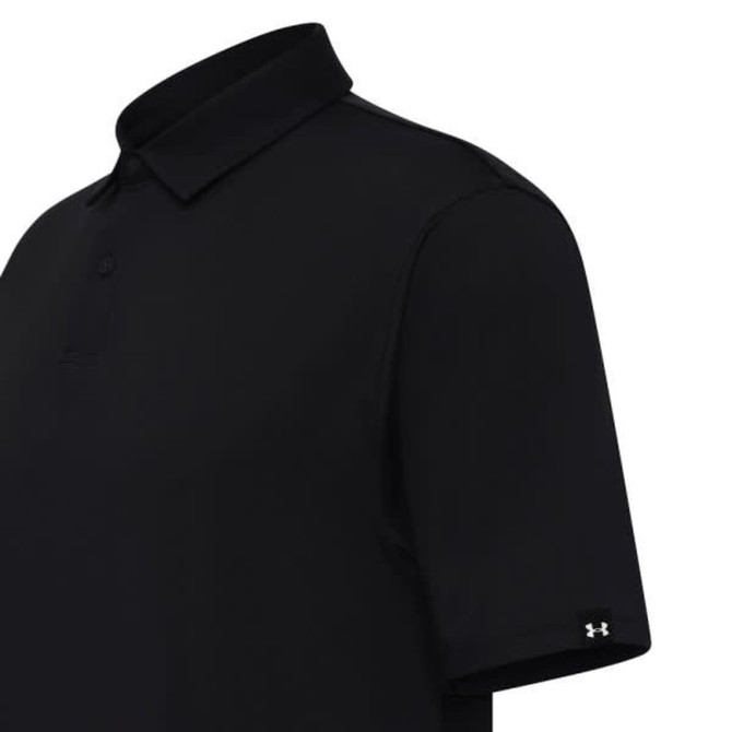 A men’s polo shirt in solid black with a collared neck and short sleeves, featuring a logo on the sleeve.