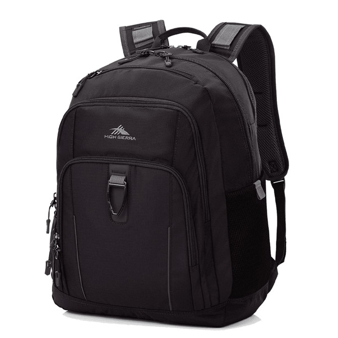 A black High Sierra Extension Backpack 39L featuring multiple compartments and padded shoulder straps.