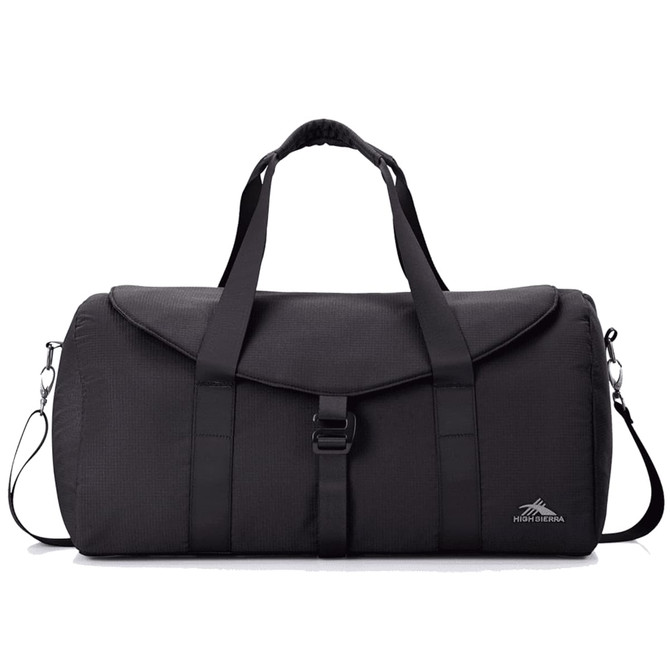 A black duffel bag with a flap, adjustable shoulder strap, and dual handles. It features a logo on the side.