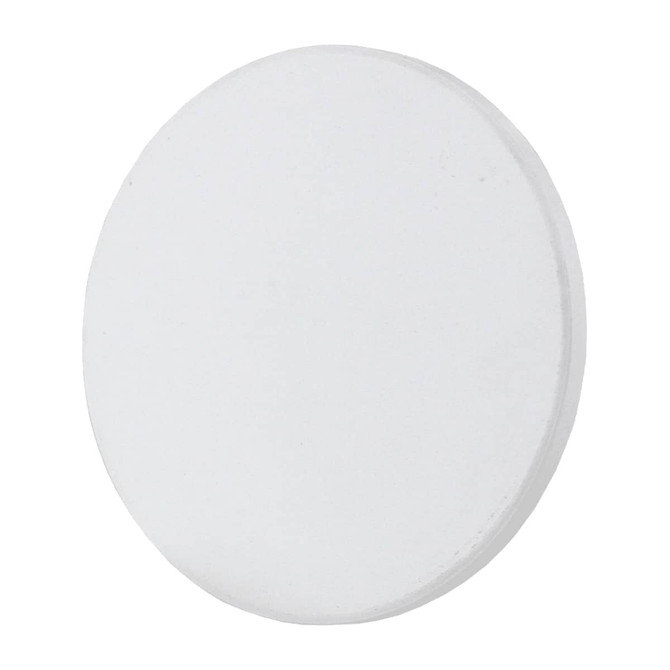 A circular white ceramic coaster featuring a smooth surface and a slightly raised edge.