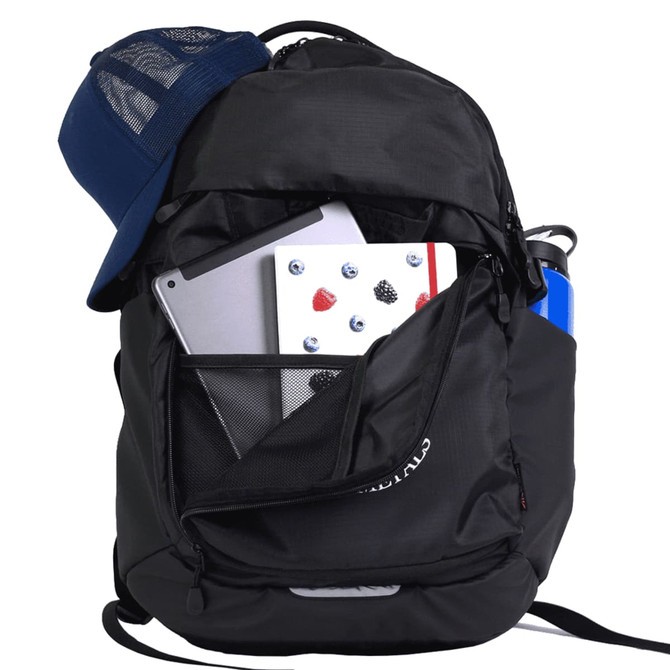 A black backpack with a blue cap, containing a laptop, notebook, and drink bottle visible inside.
