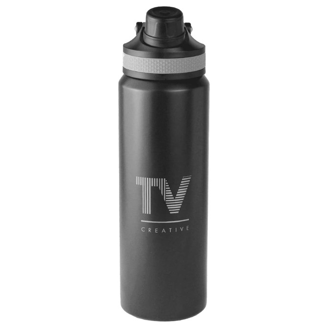 A drink bottle in matte black with a silver lid and a logo on the front. It has a double wall design and holds 800ml.