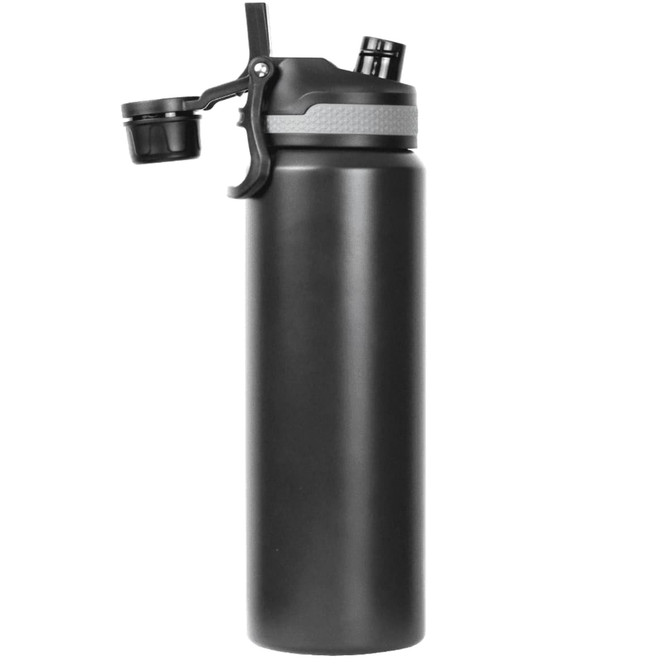 A drink bottle in matte black, featuring a double wall design and a lid with a drinking spout. Includes a logo.