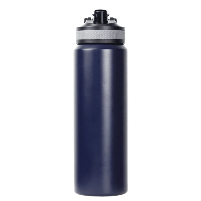 A drink bottle in navy blue with a grey lid and a logo on the body, featuring a double wall design.