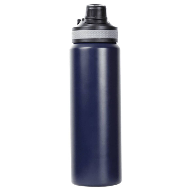 A drink bottle in navy blue with a grey cap and a built-in straw, featuring a logo on the side.
