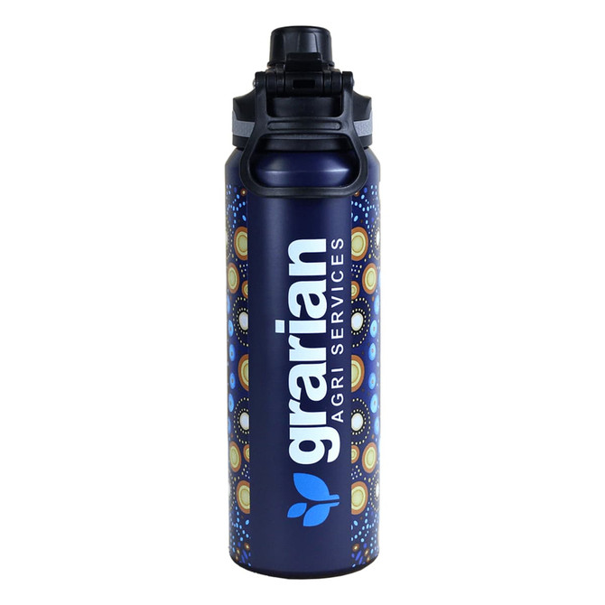 A drink bottle featuring a dark blue design with patterned accents and a logo. It has a flip-top lid.