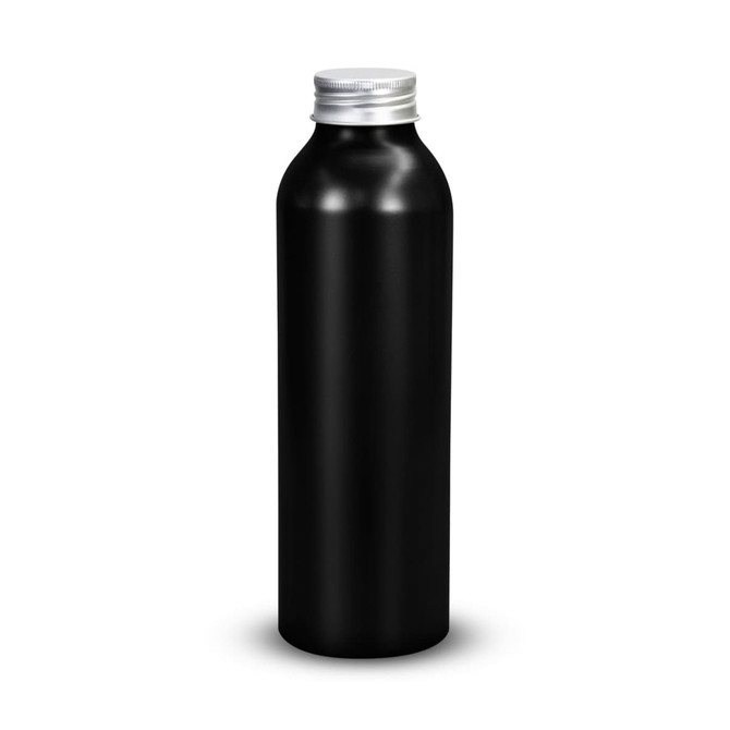 A drink bottle with a sleek black finish and a silver screw top lid, featuring a logo on the side.