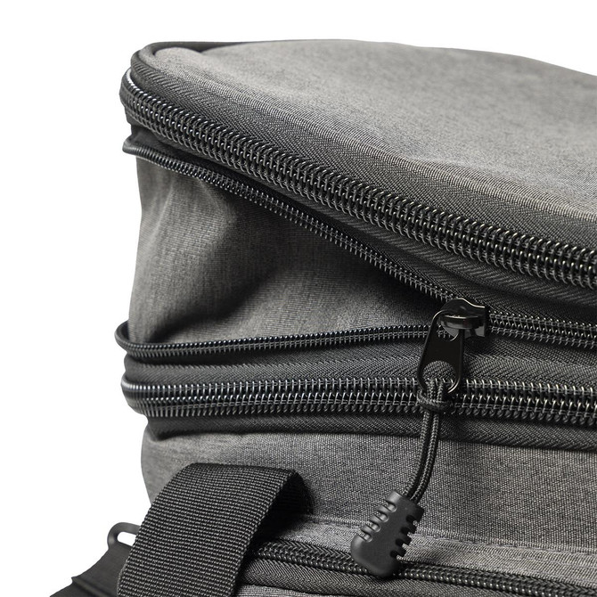 A grey cooler bag with a double zipper and black zip pulls, featuring a sturdy handle for carrying.