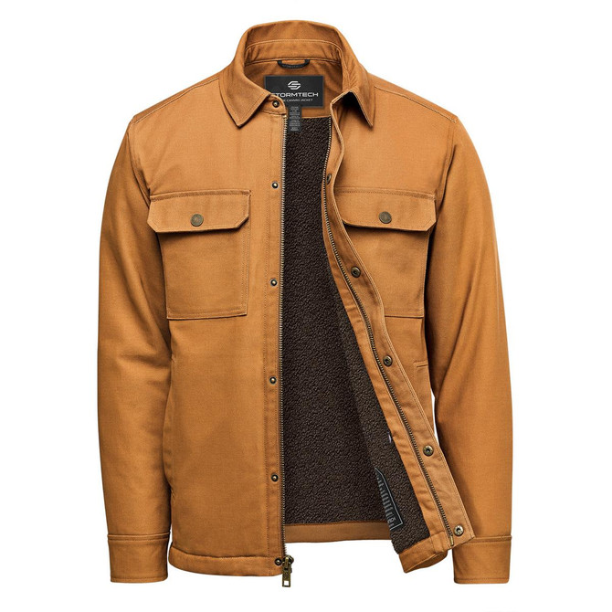 A men's oxide canvas jacket lined with Sherpa, featuring a front zipper and two chest pockets.