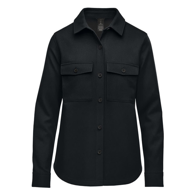A black women's shacket featuring a button front, two chest pockets, and long sleeves. There is a logo on the inside label.