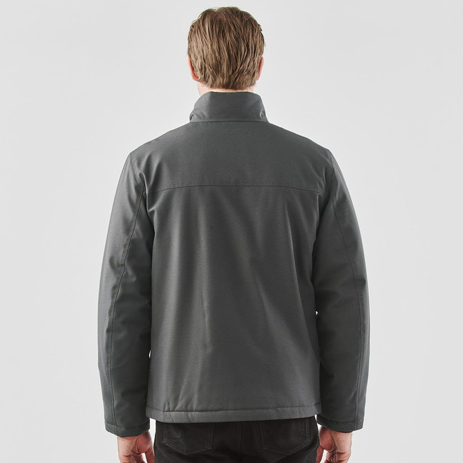 A men's thermal jacket in dark grey, featuring a classic collar and a back view. It includes a logo.