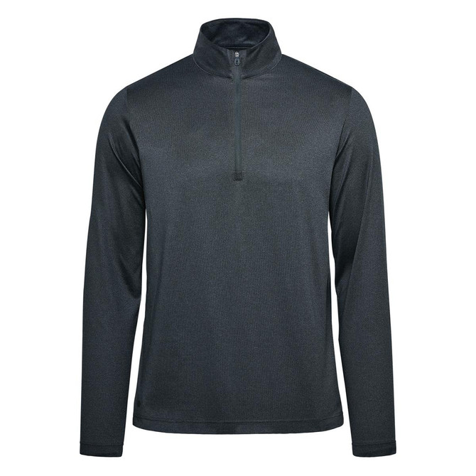 A men's pullover in dark grey featuring a 1/4 zip and long sleeves, with a logo present.