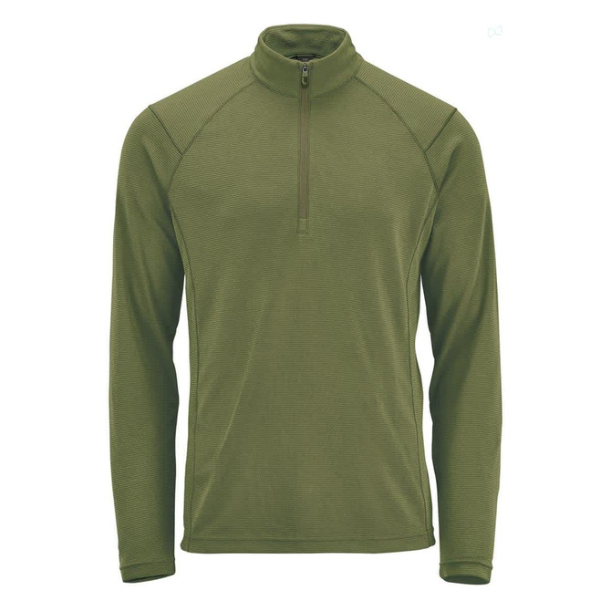 Men's 1/4 zip pullover in olive green with long sleeves and a zippered neck. Features a branding logo.