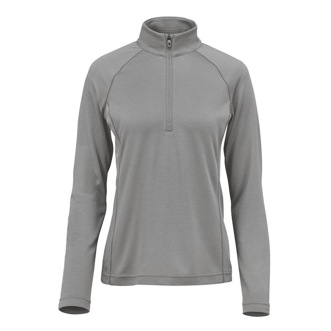 A women's pullover in grey with a quarter zip and long sleeves, featuring a subtle striped texture and a logo.