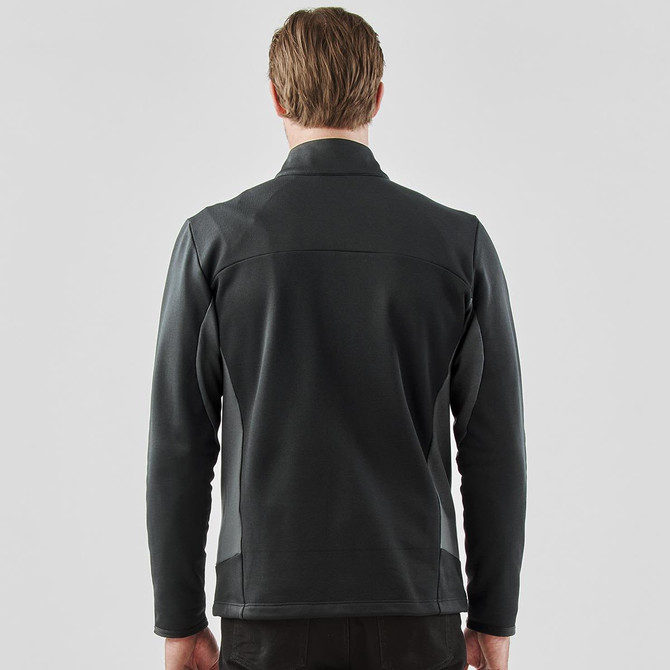A men's black knit jacket with a high collar, shown from the back, featuring a logo.