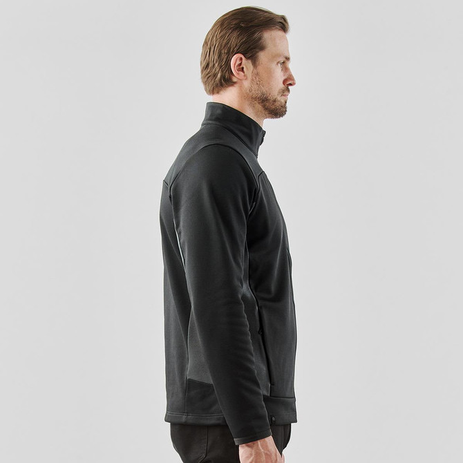 A men's knit jacket in black, featuring a high collar and a fitted design. It includes a logo on the garment.