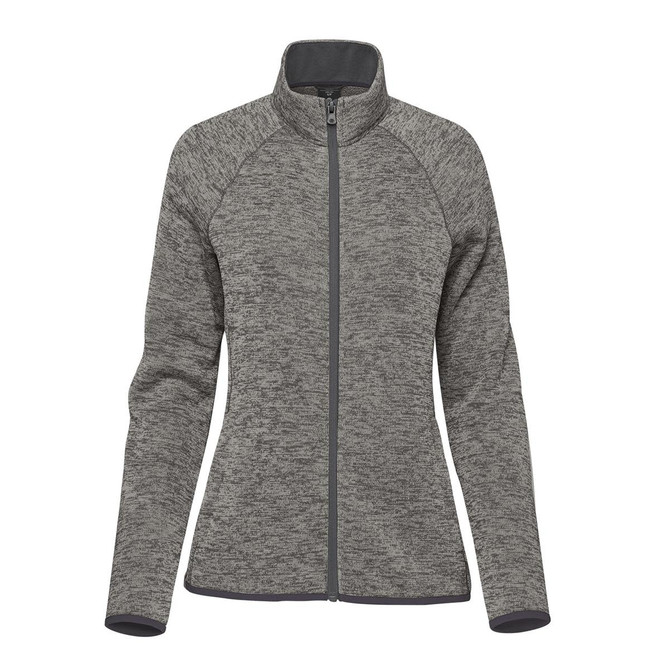 A women's full zip fleece jacket in a grey marled pattern with a high collar and long sleeves. Features branding.