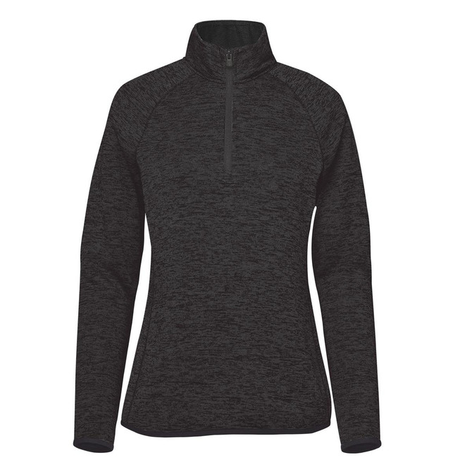 A black women's fleece jacket with a half zip and long sleeves, featuring a simple logo on the front.