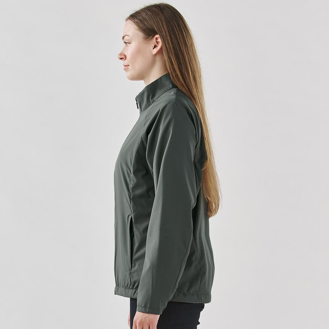 A side view of a women's full zip jacket in dark green, featuring a stand-up collar and a sleek design.