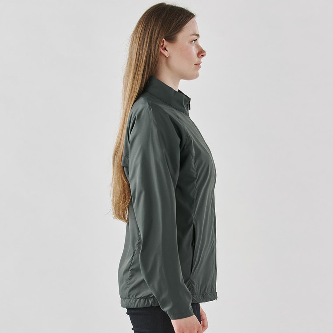 A women's full zip jacket in dark green, featuring a fitted design and a logo on the front.