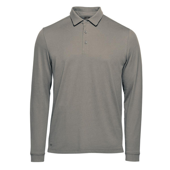 A men's long-sleeve polo in grey with a collar and three buttons, featuring a logo on the side.
