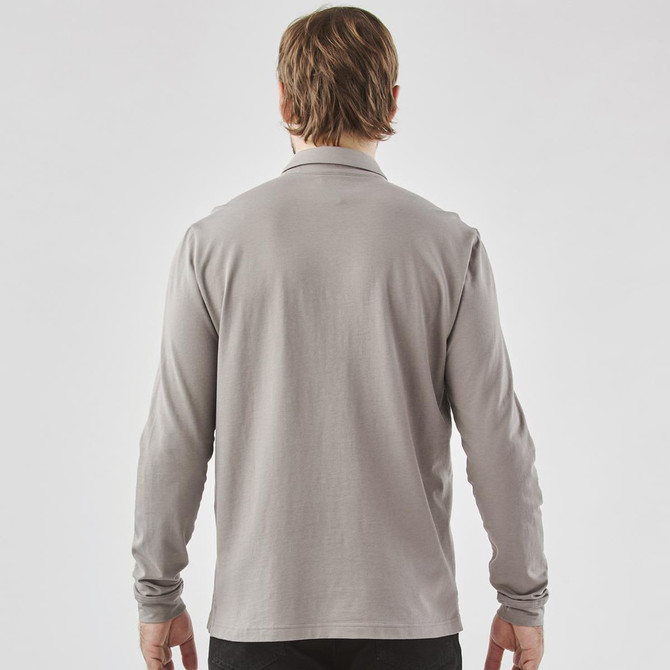 A long-sleeve grey polo shirt with a simple design and a logo on the back.