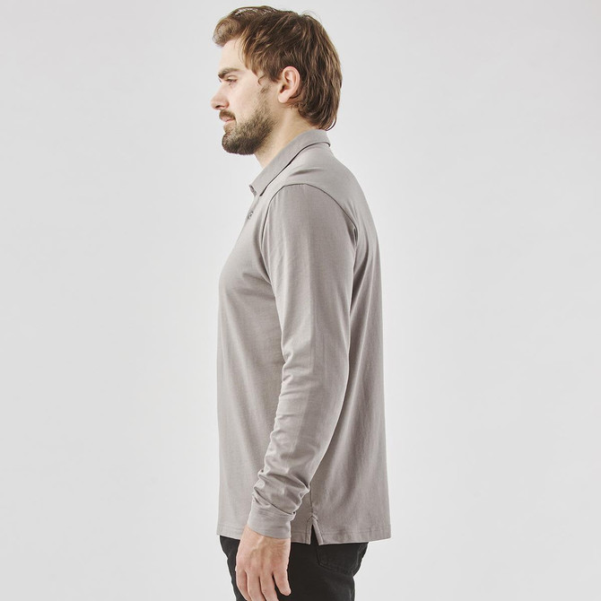 A grey long-sleeved micro pique polo shirt displayed on a male model in profile view. Features a logo.