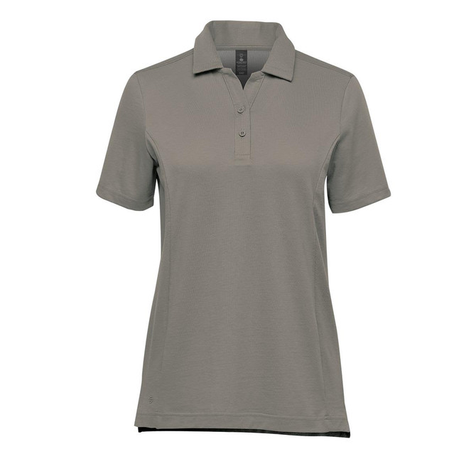 A women's short-sleeve polo shirt in grey, featuring a collar and a logo on the side.