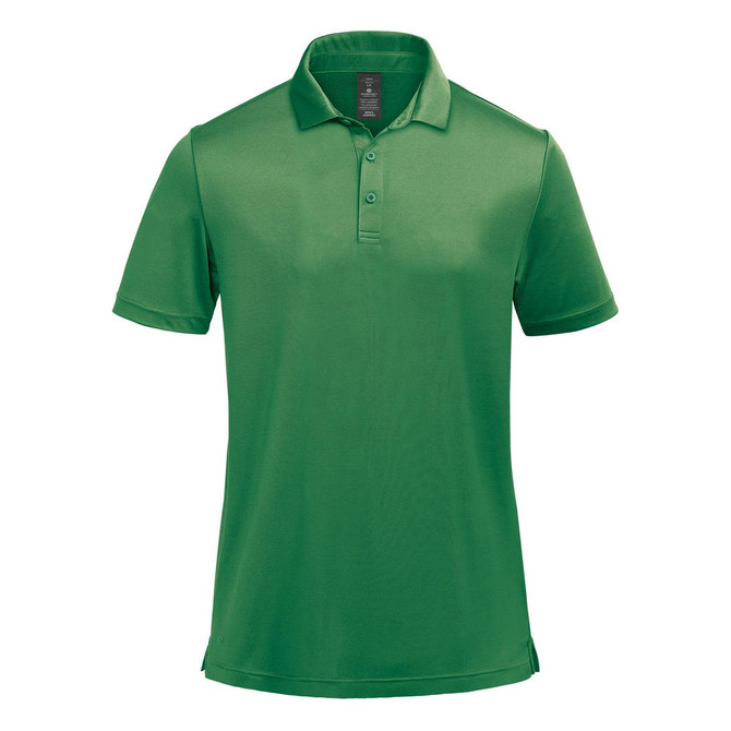 A green men's polo shirt featuring a collar and a logo on the chest area.