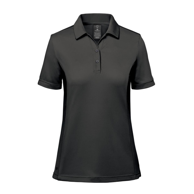 A women's short-sleeve polo shirt in black with a collar and a branding logo.
