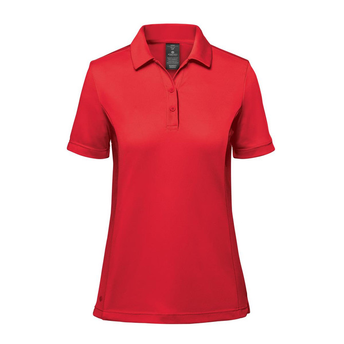 A red women's polo shirt with a collar and short sleeves, featuring a branding logo.