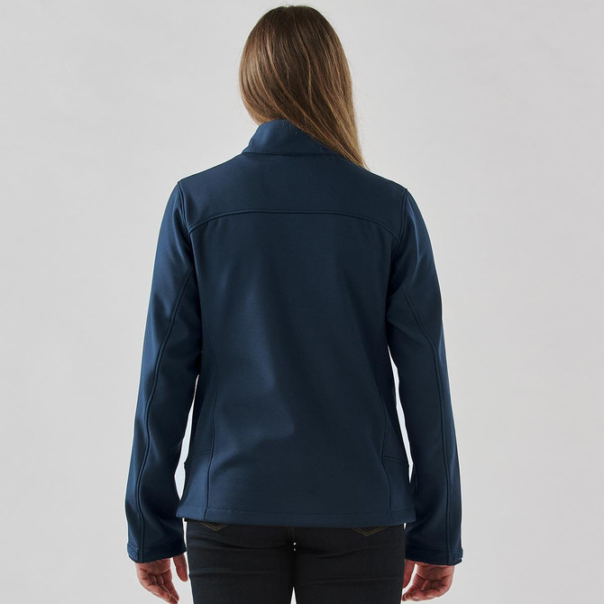 A women's softshell jacket in navy blue, featuring a sleek design with a collar and long sleeves.